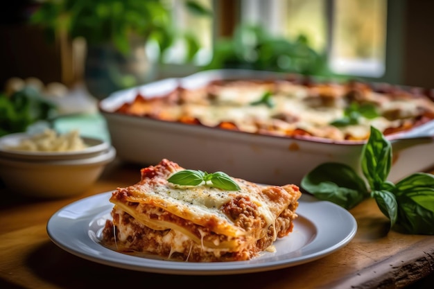 Lasagna in kitchen table professional advertising food photography