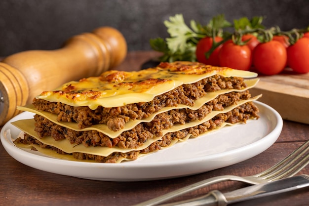 Lasagna with meat filling on plate