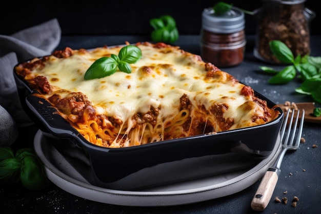 Lasagna with meat sauce and cheese in a baking dish