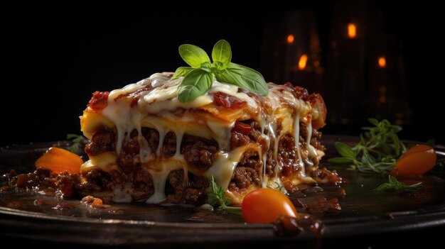 Foto lasagne con formaggio bianco fuso su tavola di legno con sfondo nero e sfocato