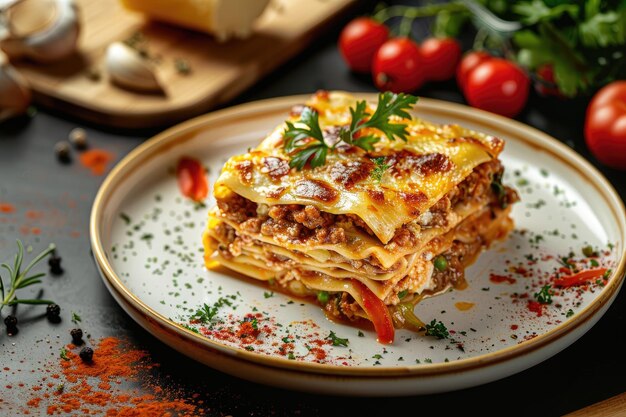 lasagna with minced meat and vegetables on a wooden table