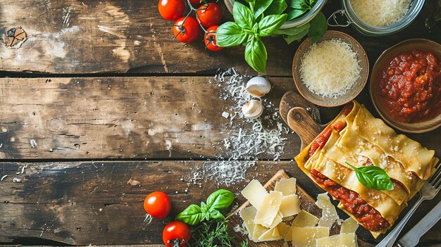 Lasagne alla bolognese ingrediënten op houten aanrecht