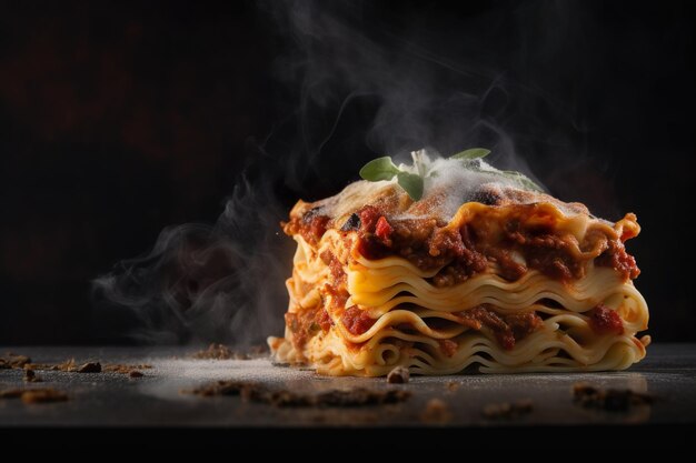 Lasagne eten op de zwarte tafel foto