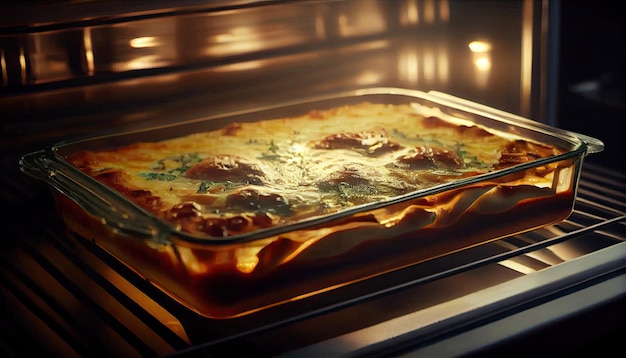 Foto lasagne koken in een glazige vorm in de oven italiaanse keuken thuis met hun eigen handen