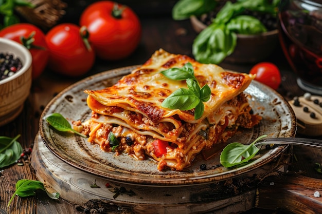 lasagne met gehakt en groenten op een houten tafel