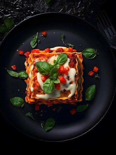 Lasagne op de zwarte plaat restaurantstijl foto bovenaanzicht