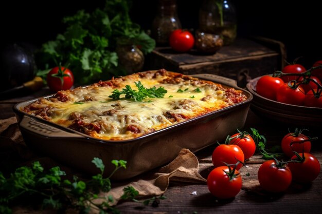 Lasagne pasta in bakplaat met parmesan mozzarella gehakt en tomaten