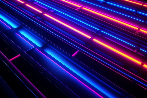 Photo laser show of glowing lines of neon lights with a black background