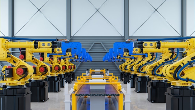 Lasrobot voor auto-assemblage in fabriek.3D-rendering