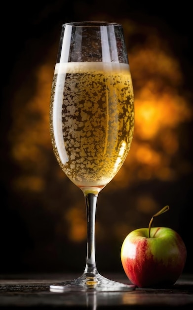 Foto champagne di mela servito in un bellissimo vetro di cristallo prodotto vibrante cinematografico