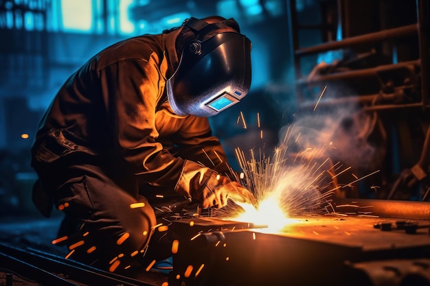 Lasser die staal lasst in een fabriek Industriële werknemer bij de fabriek die dichtbij lasst