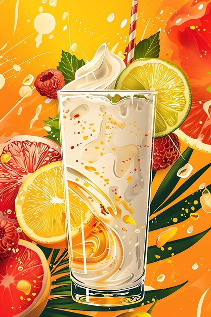 Photo lassi drink poster with yogurt and fresh fruits tropical and illustration food drink indian flavors