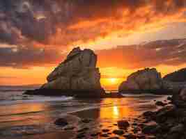 Photo last moments of the sun from the rocks of hendaye on an orange sunset france