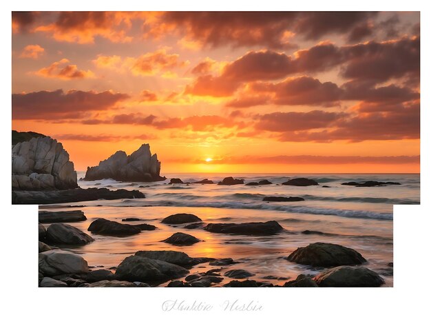 Photo last moments of the sun from the rocks of hendaye on an orange sunset france