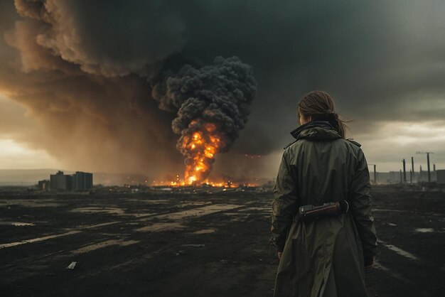 The Last One A survivor walking alone among destroyed skyscrapers and smoldering ruins