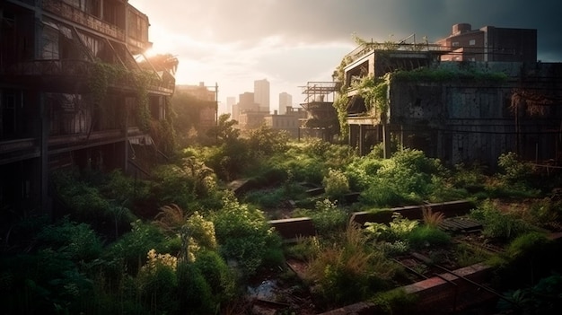 Photo the last remains of us the postapocalyptic view of the ruins of a destroyed city overgrown by plants generative ai