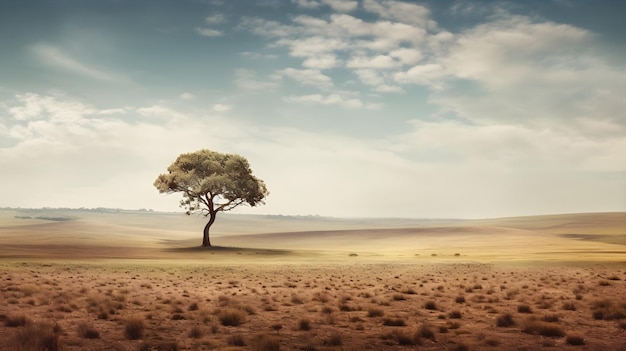 Последнее выжившее дерево. Изображение одинокого дерева в бесплодном ландшафте, представляющее последствия вырубки лесов. Генеративный искусственный интеллект.