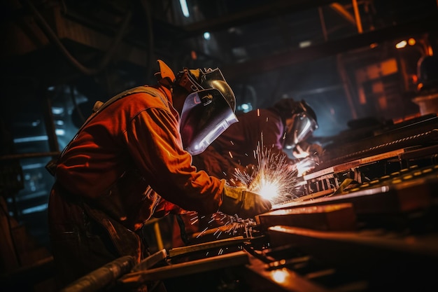 Lasteam met veiligheidsuitrusting voor de productie van metalen verbindingen in de zware industrie