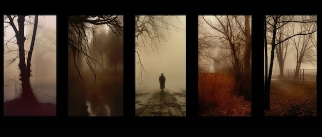 late autumn at dusk in a park with mist