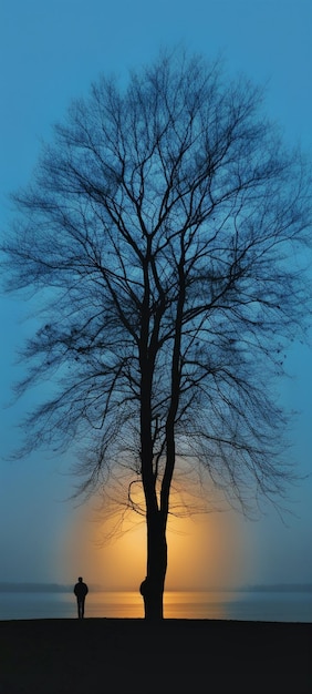 霧のある公園の夕暮れの晩秋