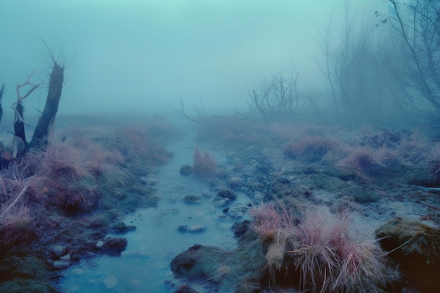 late herfst in de schemering in een park met mist