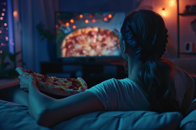 Late Night Indulgence Vrouw geniet van pizza terwijl ze tv kijkt en haar vice erkent.