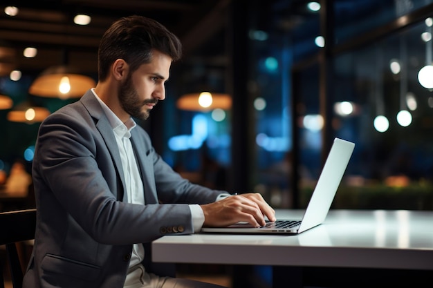 Late night marketing plan: Professional man typing on laptop in office