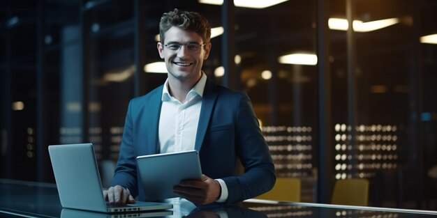 Late at night in private office male businessman working