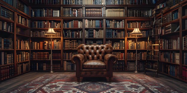 Foto late night study session in een vintage bibliotheek met lederen fauteuil en warme verlichting concept vintage library leather armchair warm verlichting latenight study session