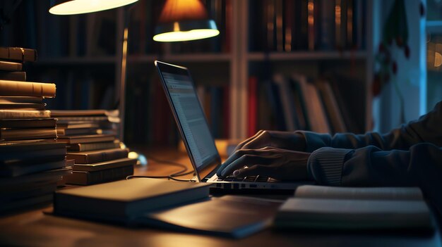 Late night studying in the library Stacks of books surround the diligent student as they type away on their laptop