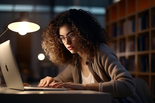 LateNight Library Grind CurlyHaired High School Student Tackles Exams on Her Laptop