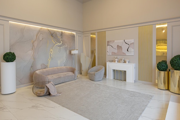 The latest fashion home trends in an ultra modern elegant interior of a cozy studio in soft pastel colors closeups of a stylish living area with golden elements