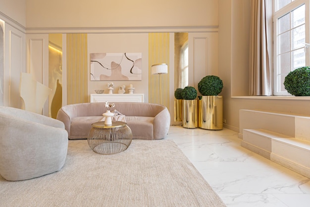 The latest fashion home trends in an ultra modern elegant interior of a cozy studio in soft pastel colors closeups of a stylish living area with golden elements