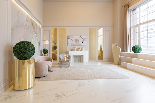 The latest fashion home trends in an ultra modern elegant interior of a cozy studio in soft pastel colors closeups of a stylish living area with golden elements