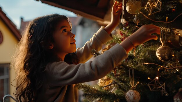 Foto latijns-amerikaans jong meisje versierd kerstboom binnen thuis op een zomerdag generatieve ai