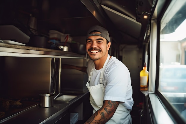 Latijns-Amerikaanse mannelijke chef-kok bereidt afhaalmaaltijden in de keuken van de foodtruck