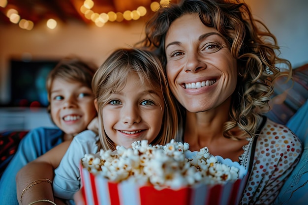 Latijnse moeder en kinderen met popcorn op de bank voor een film avond Generatieve AI