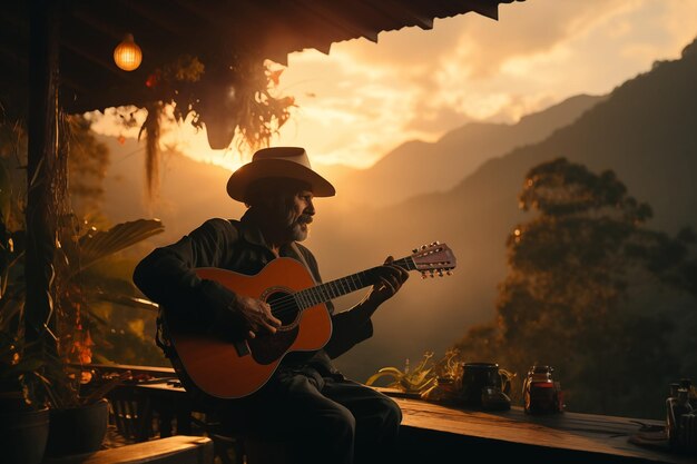 Latijnse ouderling die zijn gitaar speelt op de veranda met uitzicht op de Amazonas