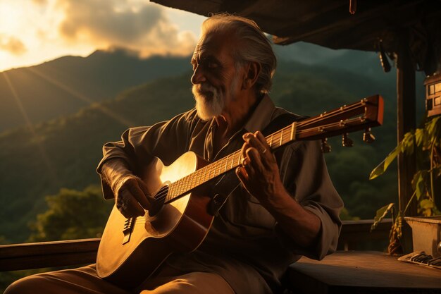 Latijnse ouderling die zijn gitaar speelt op de veranda met uitzicht op de Amazonas