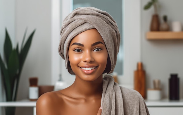 Latijnse vrouw met een handdoek om haar hoofd gewikkeld