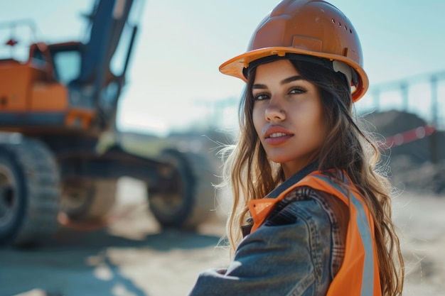Latijnse vrouwelijke bouwer op bouwplaats met een hardhat