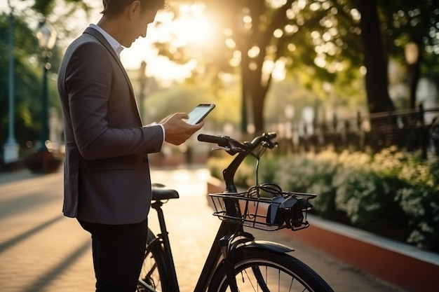 Latijnse zakenman met een smartphone die fietsverhuur gebruikt