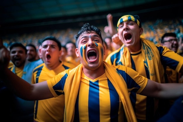 사진 노란색과 파란색의 유니폼을 입은 라틴 아메리카 축구 팬들이 경기장 안에서 골을 축하하고 있다.