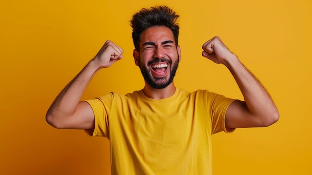 Latin American Man Radiating Happiness and Joy Isolated on Solid Background Copy Space Included