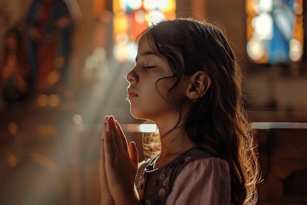 사진 교회 에서 기도 하는 라틴 아메리카 의 학교 소녀 영화적 효과