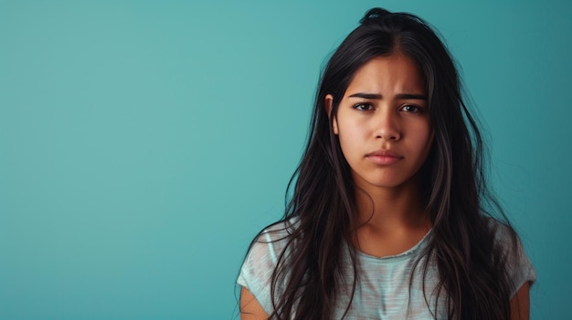 Photo latin american woman conveying sadness and grief isolated on solid background copy space provided