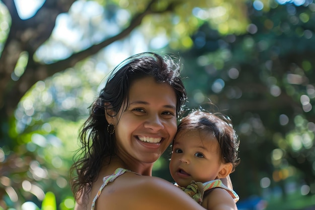 Foto donna latinoamericana con gli occhi che brillano d'amore che tiene in braccio il suo bambino.