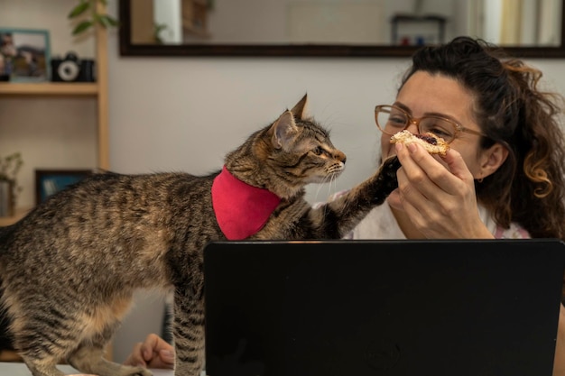 Latin American woman plays with her cat while telecommuting from home