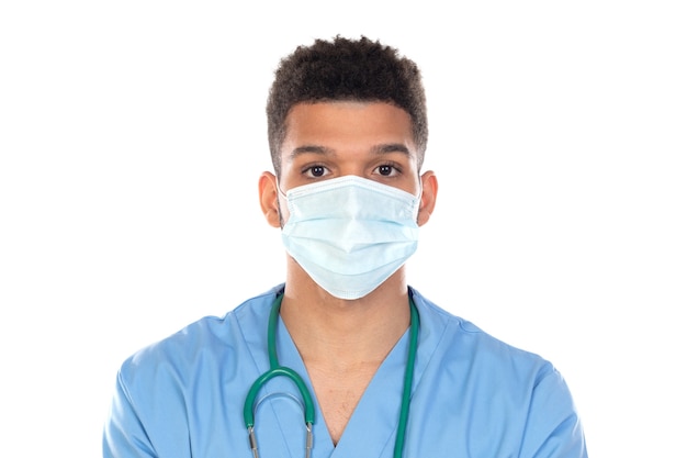 Latin doctor with mask in times of coronavirus isolated on a white background