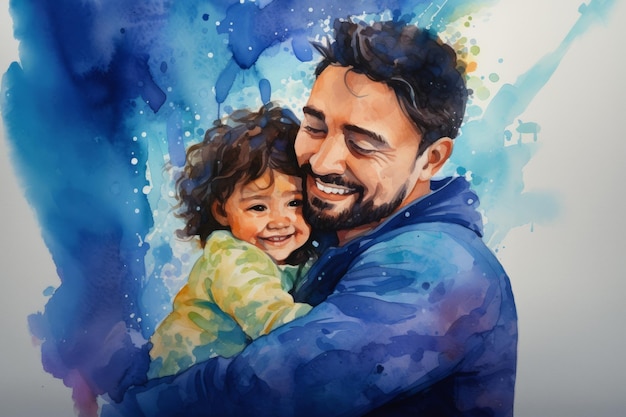 Latin father and son hugging against blue watercolor painted background Ai generated